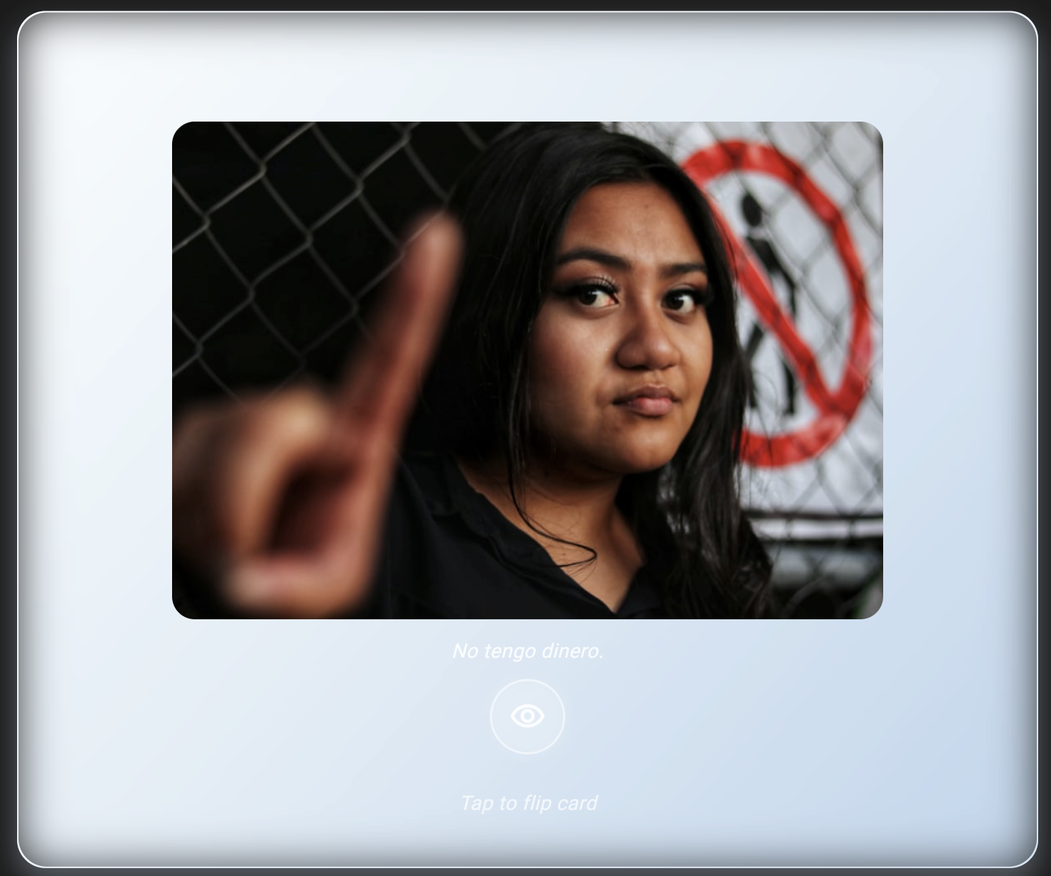 Flashcard back showing image with Spanish sentence 'No tengo dinero'